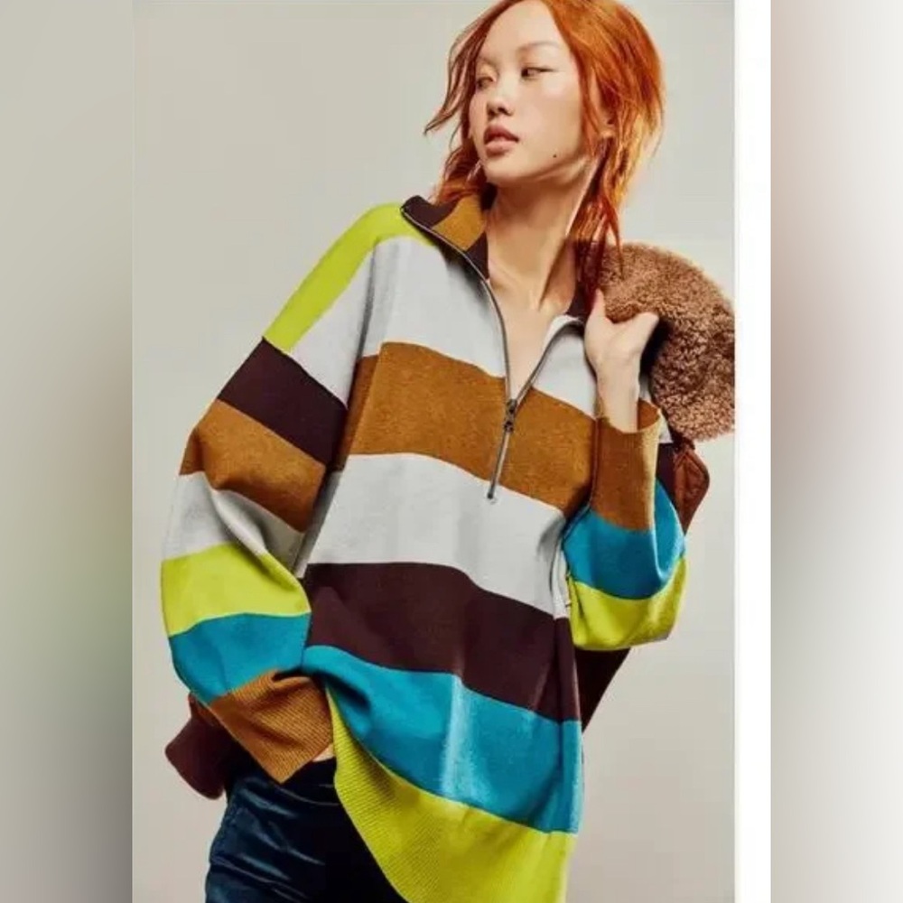Free People Coastal Stripe Pullover. NWOT. Olive lime combo